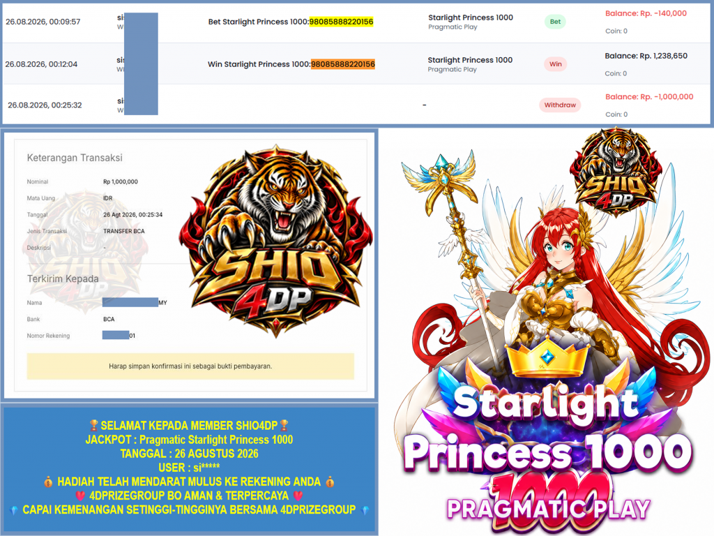 SHIO4DP JACKPOT PRAGMATIC “Starlight Princess 1000” Rp.1.000.000,-LUNAS