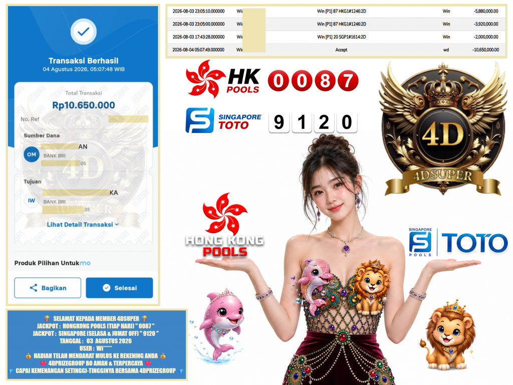 4DSUPER JACKPOT HONGKONG POOLS (TIAP HARI) ” 0087 ” , SINGAPORE (SELASA & JUMAT OFF) ” 9120 ” Rp.10.650.000 ,- LUNAS