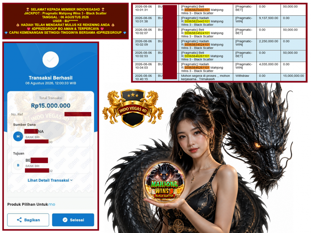 INDOVEGAS4D JACKPOT PRAGMATIC ” Mahjong Wins 3 – Black Scatter ” Rp.15.000.000,-LUNAS