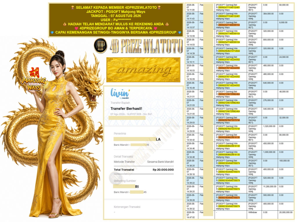 4DPRIZEWLATOTO JACKPOT PGSOFT Gaming “Mahjong Ways”‎‎‏‏ ‎‎‏‏‎‎‏‏ Rp.20.000.000,-LUNAS