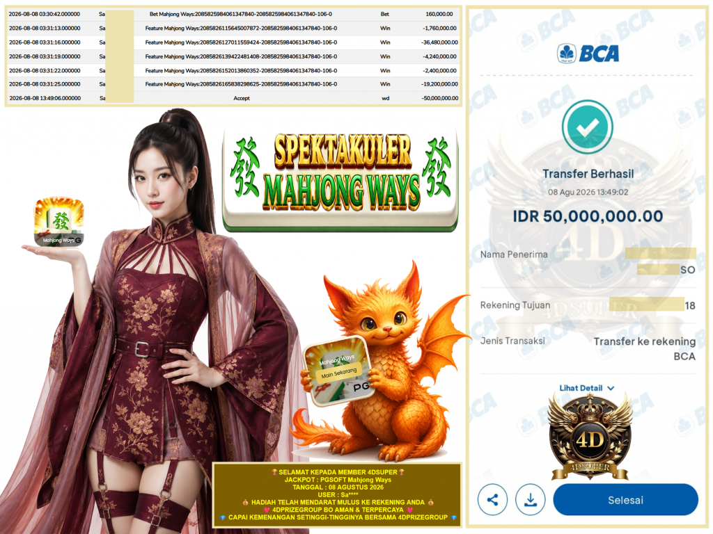 4DSUPER JACKPOT PGSOFT Gaming “Mahjong Ways” Rp.70.254.000,-LUNAS