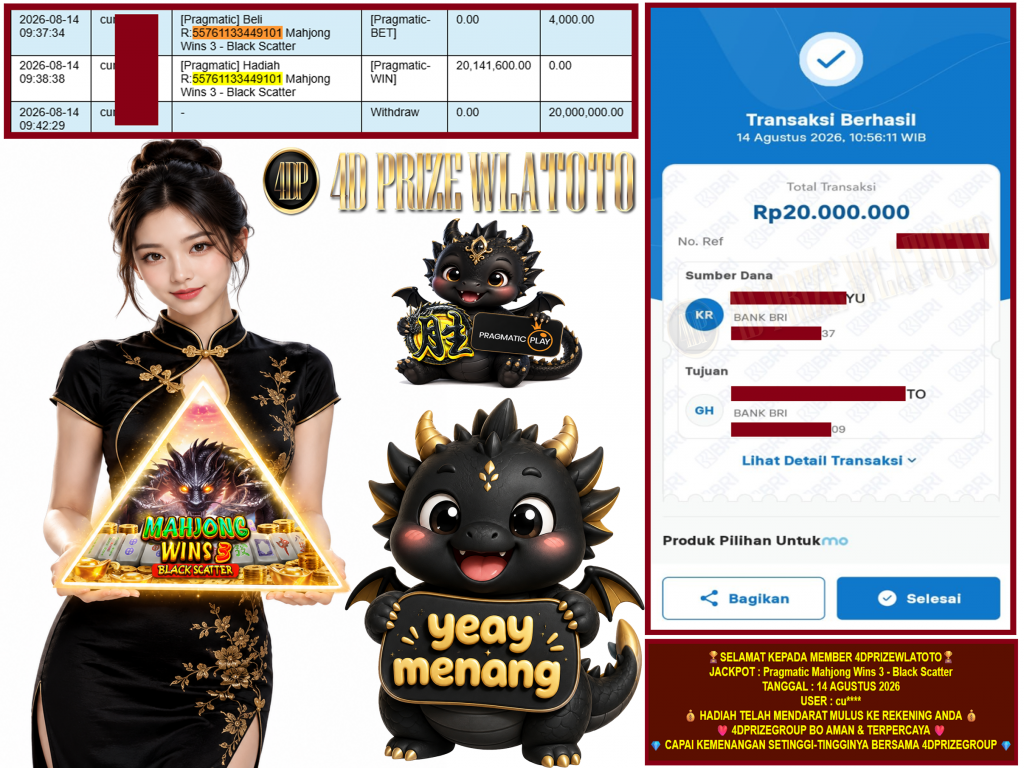 4DPRIZEWLATOTO JACKPOT PRAGMATIC “Mahjong Wins 3 – Black Scatter” Rp.20.000.000,-LUNAS