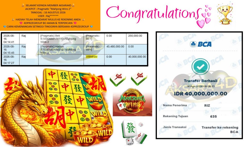 AKSARA4D JACKPOT PRAGMATIC “Pragmatic “Mahjong Wins 2” Rp40.000.000,- LUNAS