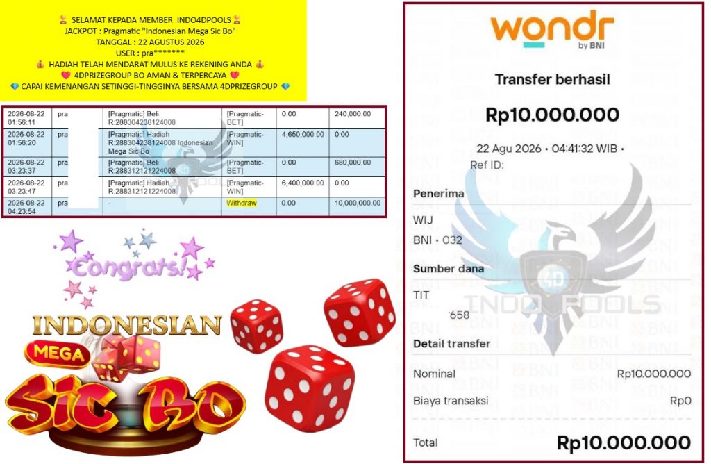 INDO4DPOOLS JACKPOT Pragmatic “Indonesian Mega Sic Bo” Rp10.000.000,- LUNAS