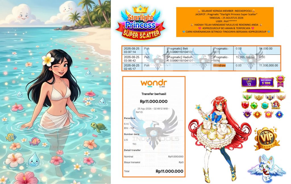 INDO4DPOOLS JACKPOT Pragmatic “Starlight Princess Super Scatter” Rp11.000.000,- LUNAS