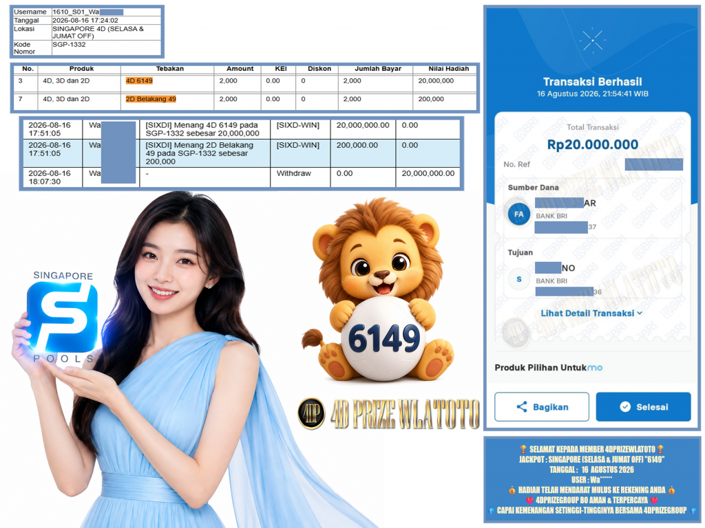 4DPRIZEWLATOTO JACKPOT SINGAPORE (SELASA & JUMAT OFF) “6149” Rp.20.000.000 ,- LUNAS
