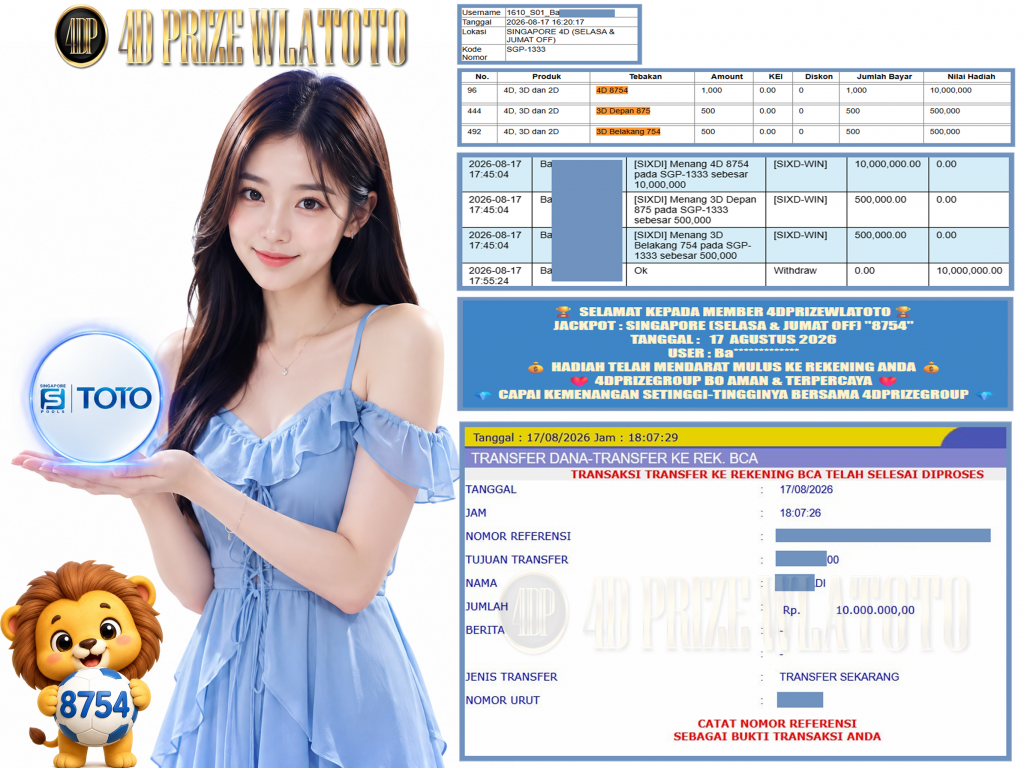 4DPRIZEWLATOTO JACKPOT SINGAPORE (SELASA & JUMAT OFF) “8754” Rp.10.000.000 ,- LUNAS