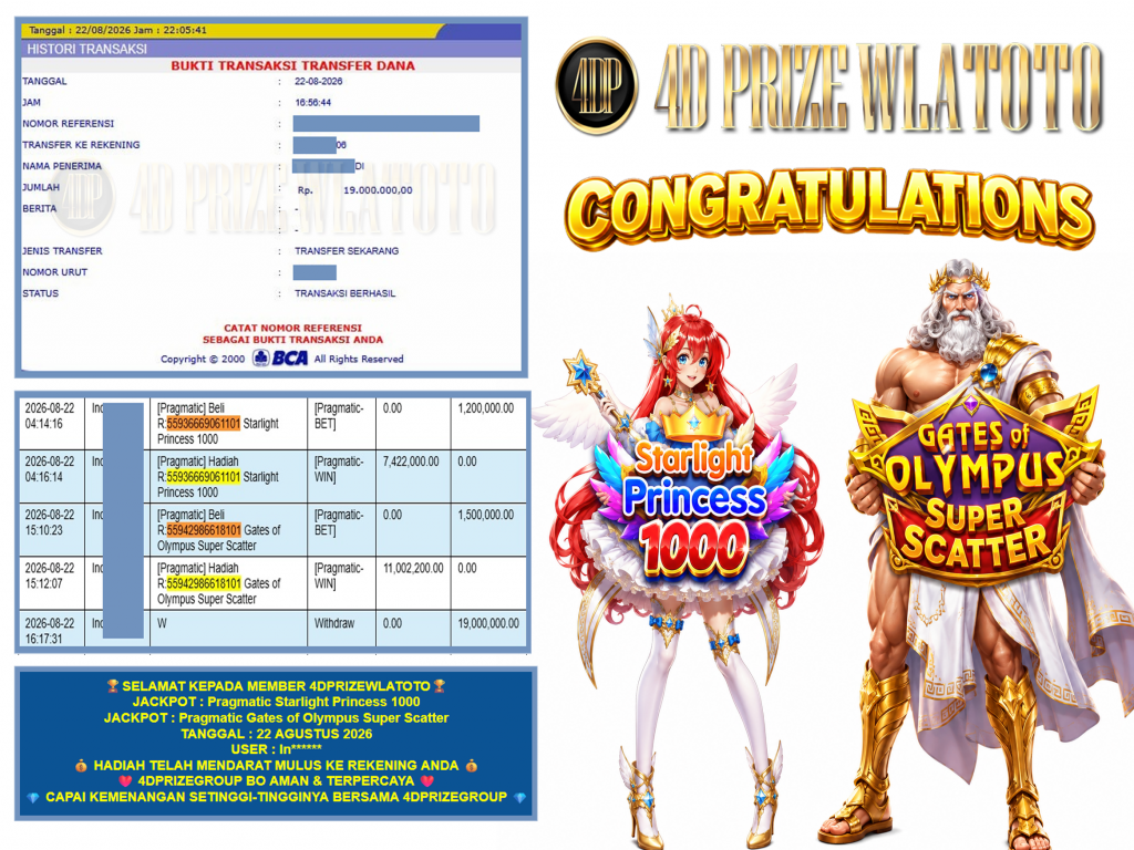 4DPRIZEWLATOTO JACKPOT PRAGMATIC “Starlight Princess 1000 , Gates of Olympus Super Scatter” Rp.19.000.000,-LUNAS