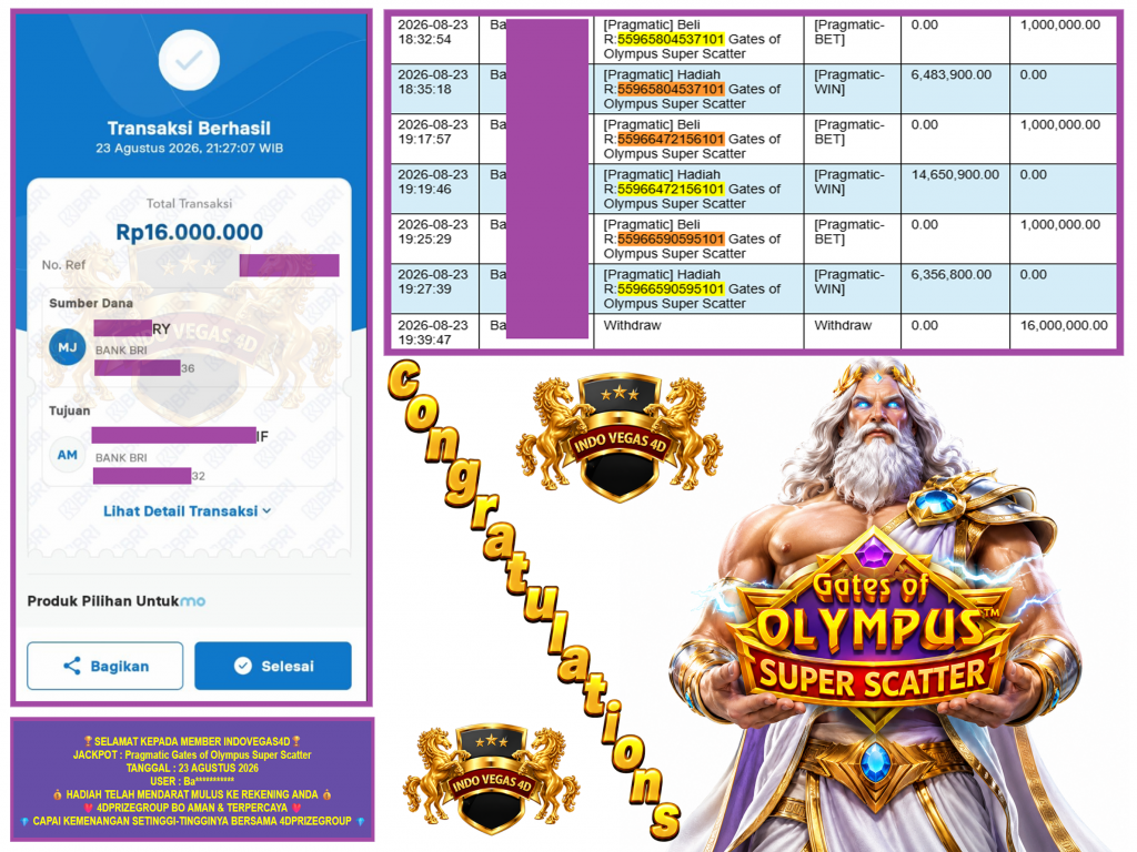 INDOVEGAS4D JACKPOT PRAGMATIC “Gates of Olympus Super Scatter” Rp.16.000.000,-LUNAS