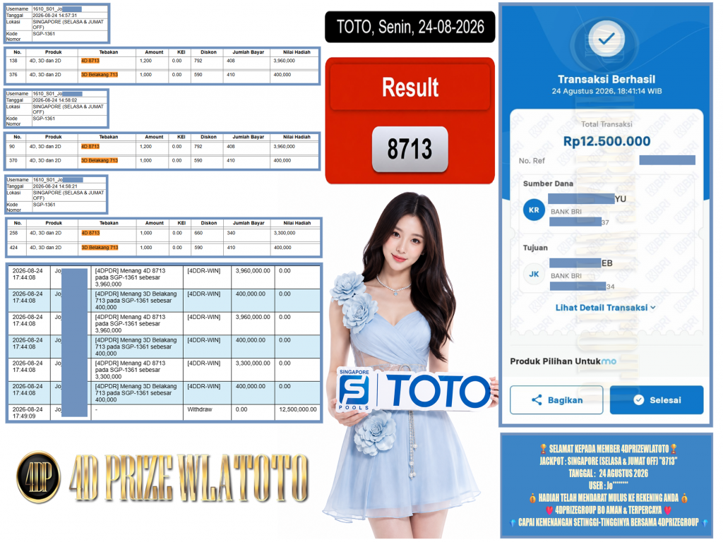 4DPRIZEWLATOTO JACKPOT SINGAPORE (SELASA & JUMAT OFF) “8713” Rp.12.500.000 ,- LUNAS