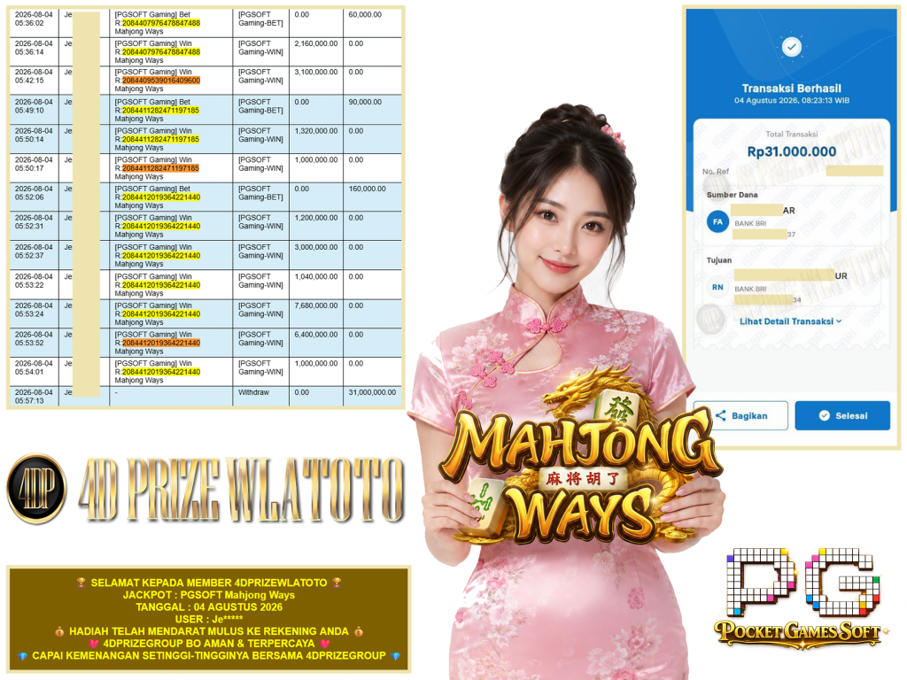 4DPRIZEWLATOTO JACKPOT PGSOFT Gaming “Mahjong Ways” Rp.31.000.000,-LUNAS