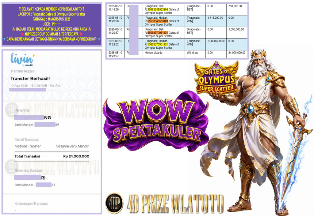 4DPRIZEWLATOTO JACKPOT PRAGMATIC “Gates of Olympus Super Scatter” Rp.24.000.000,-LUNAS
