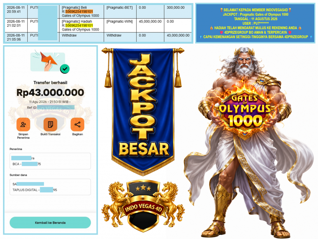 INDOVEGAS4D JACKPOT PRAGMATIC “Gates of Olympus 1000” Rp.43.000.000,-LUNAS