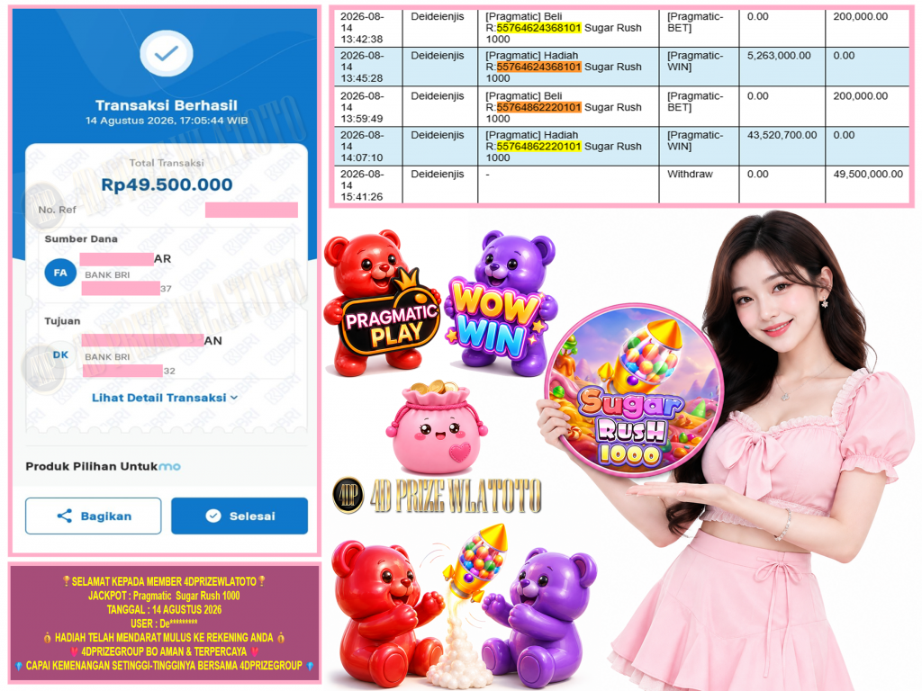4DPRIZEWLATOTO JACKPOT PRAGMATIC “Sugar Rush 1000” Rp.49.500.000,-LUNAS