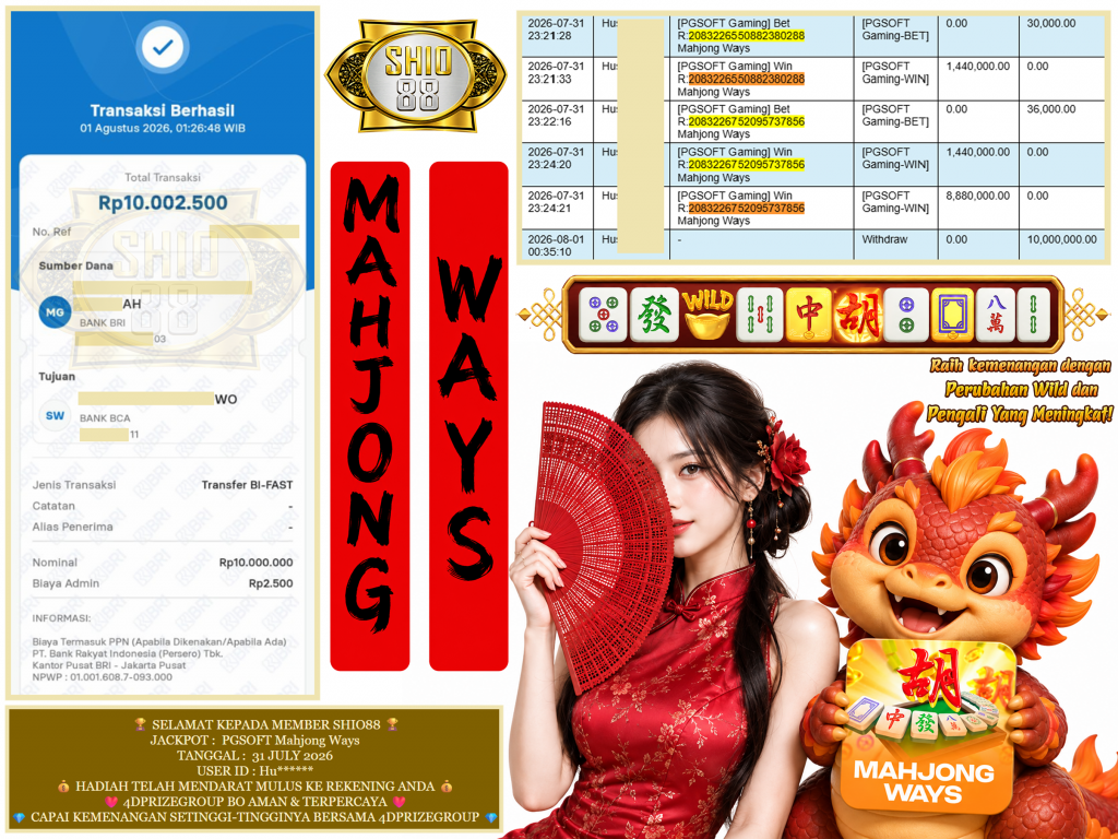SHIO88 JACKPOT PGSOFT Gaming “Mahjong Ways”‎‎‏‏ ‎‎‏‏‎‎‏‏ Rp.10.000.000,-LUNAS