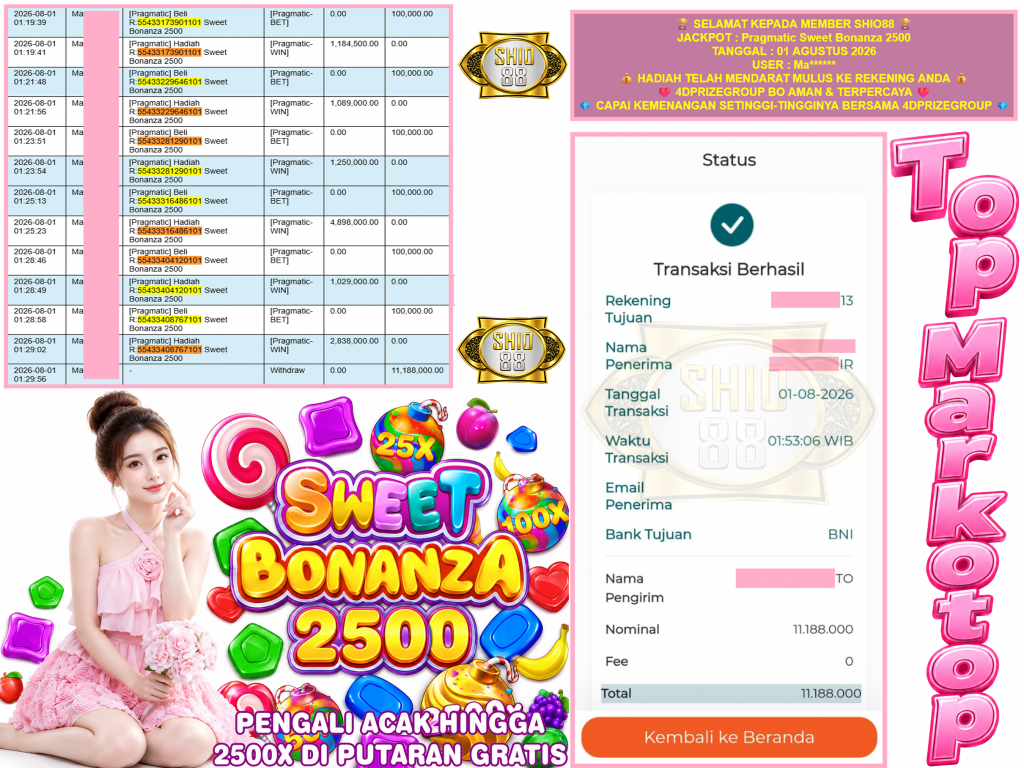 SHIO88 JACKPOT PRAGMATIC ” Sweet Bonanza 2500 ” Rp.11.188.000,-LUNAS