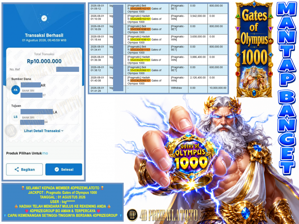 4DPRIZEWLATOTO JACKPOT PRAGMATIC ” Gates of Olympus 1000 ” Rp.10.000.000,-LUNAS