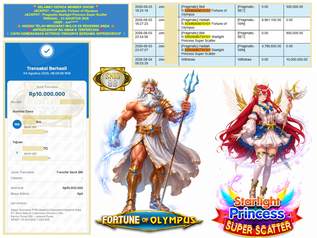 SHIO88 JACKPOT PRAGMATIC ” Fortune of Olympus , Starlight Princess Super Scatter ” Rp.10.000.000,-LUNAS