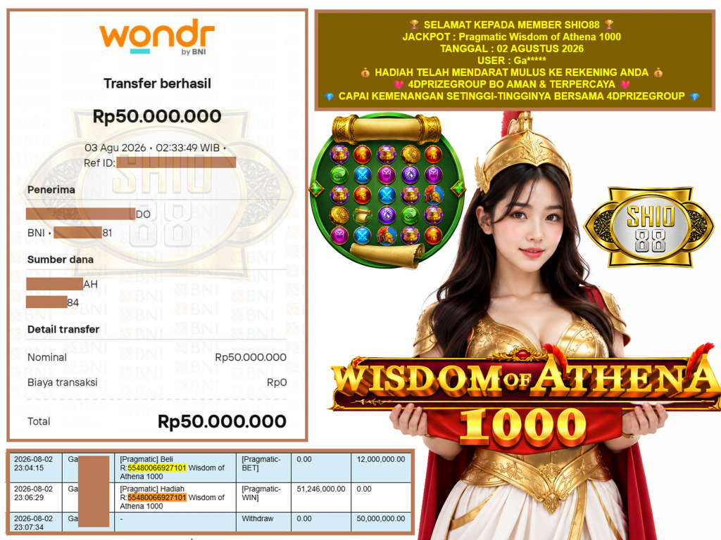 SHIO88 JACKPOT PRAGMATIC ” Wisdom of Athena 1000 ” Rp.50.000.000,-LUNAS