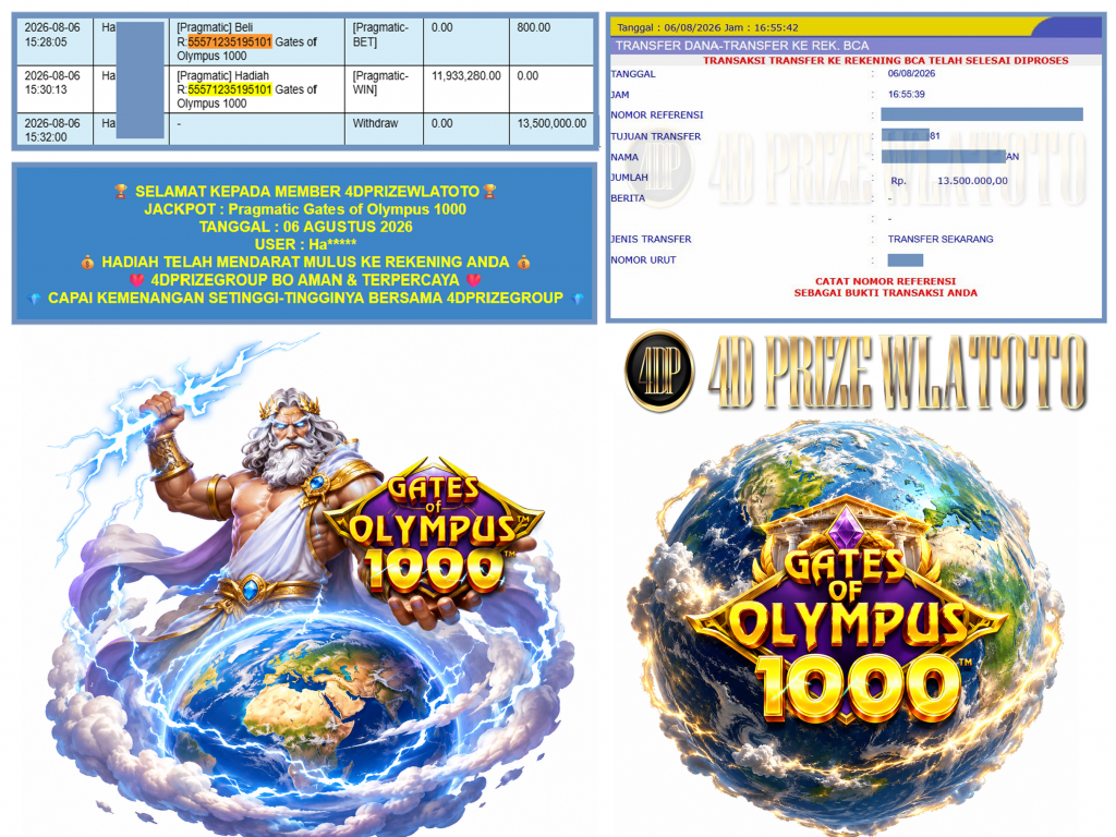 4DPRIZEWLATOTO JACKPOT PRAGMATIC ” Gates of Olympus 1000 ” Rp.13.500.000,-LUNAS