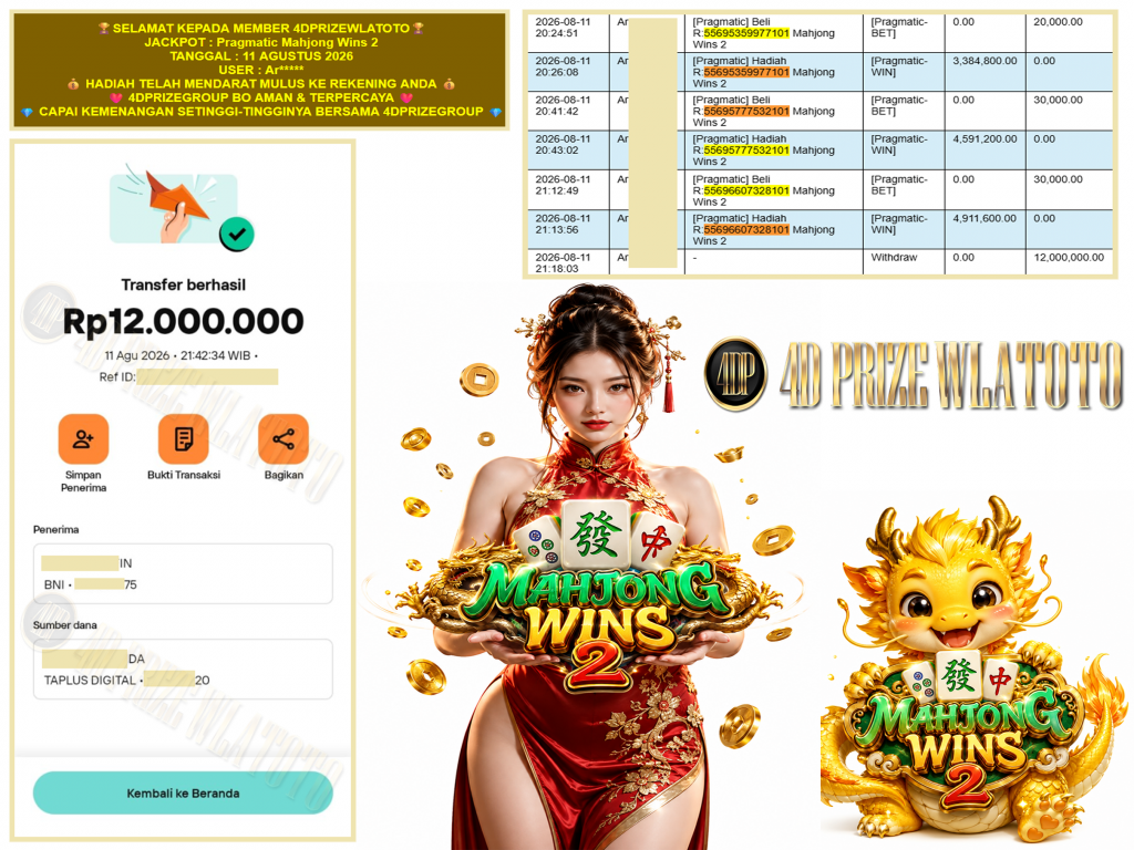 4DPRIZEWLATOTO JACKPOT PRAGMATIC “Mahjong Wins 2” Rp.12.000.000,-LUNAS