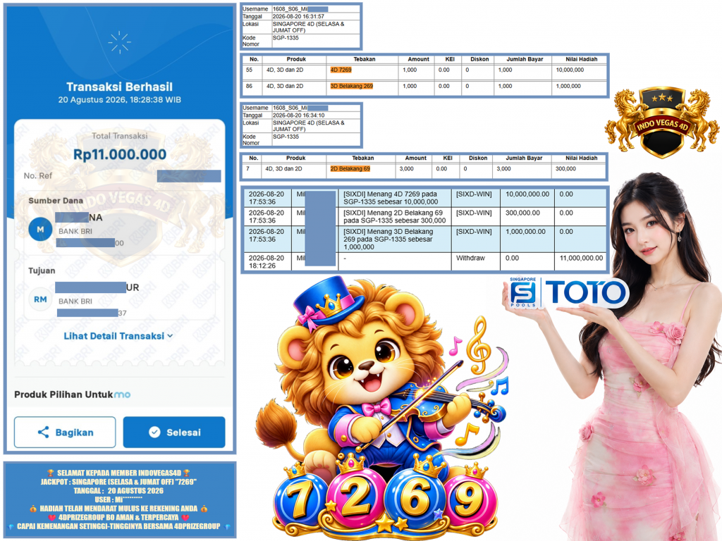 INDOVEGAS4D JACKPOT SINGAPORE (SELASA & JUMAT OFF) “7269” Rp.11.000.000 ,- LUNAS