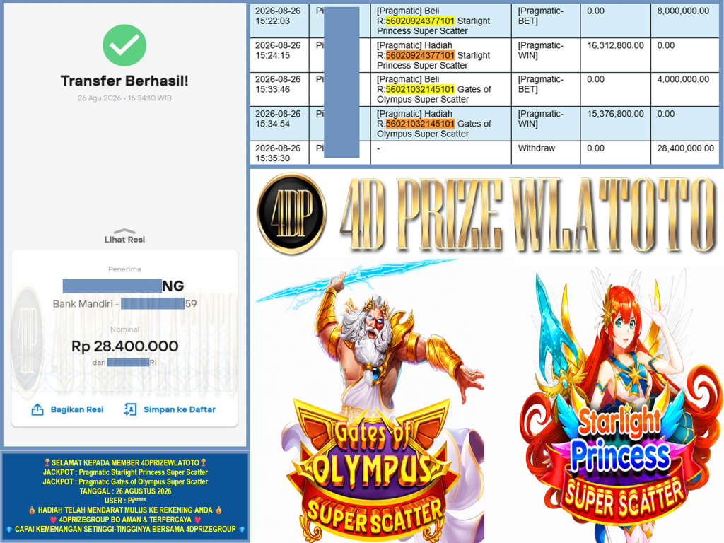 4DPRIZEWLATOTO JACKPOT PRAGMATIC โStarlight Princess Super Scatter,Gates of Olympus Super Scatterโ Rp.28.400.000,-LUNAS