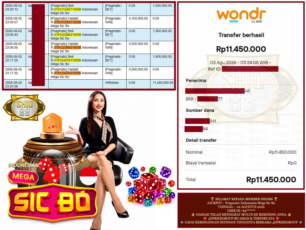SHIO88 JACKPOT PRAGMATIC LIVE GAME ” Indonesian Mega Sic Bo ” ‎‏‏‎Rp.11.450.000,- LUNAS