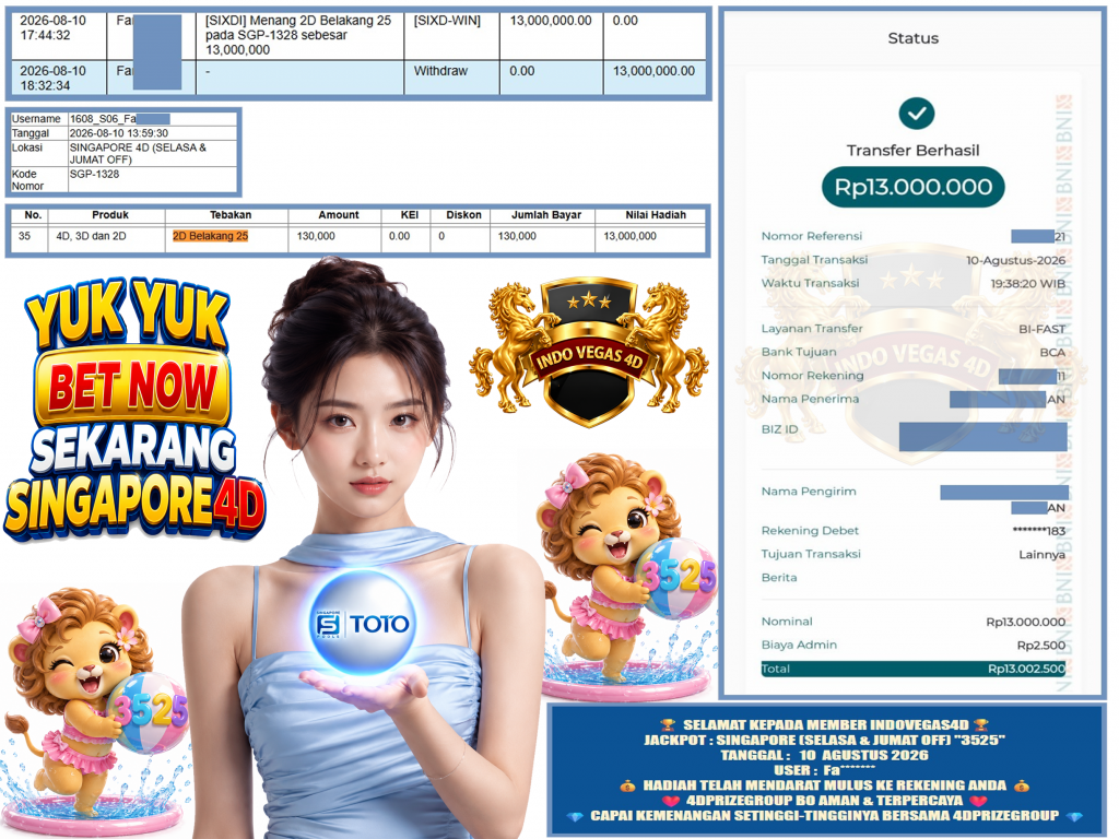 INDOVEGAS4D JACKPOT SINGAPORE (SELASA & JUMAT OFF) β3525β Rp.13.000.000 ,- LUNAS