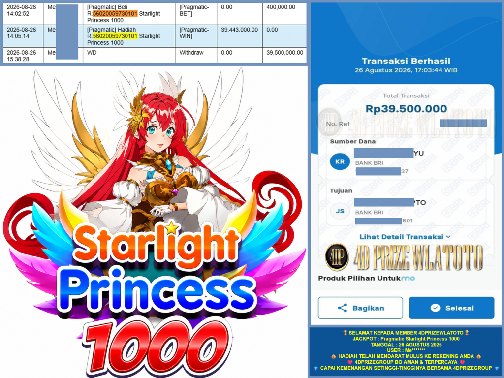 4DPRIZEWLATOTO JACKPOT PRAGMATIC βStarlight Princess 1000β Rp.39.500.000,-LUNAS