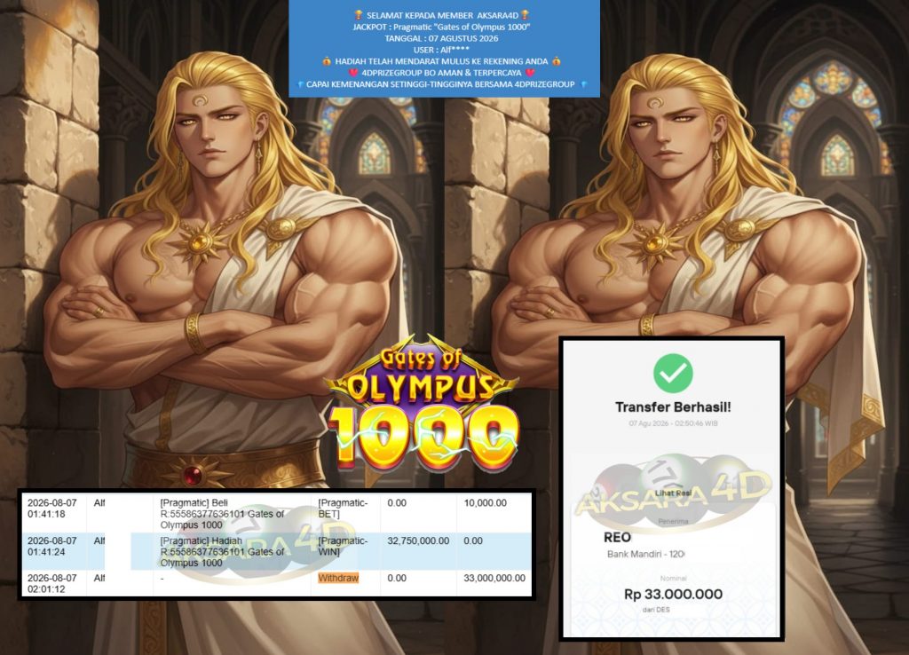 AKSARA4D JACKPOT PRAGMATIC “Gates of Olympus 1000″ Rp33.000.000,- LUNAS