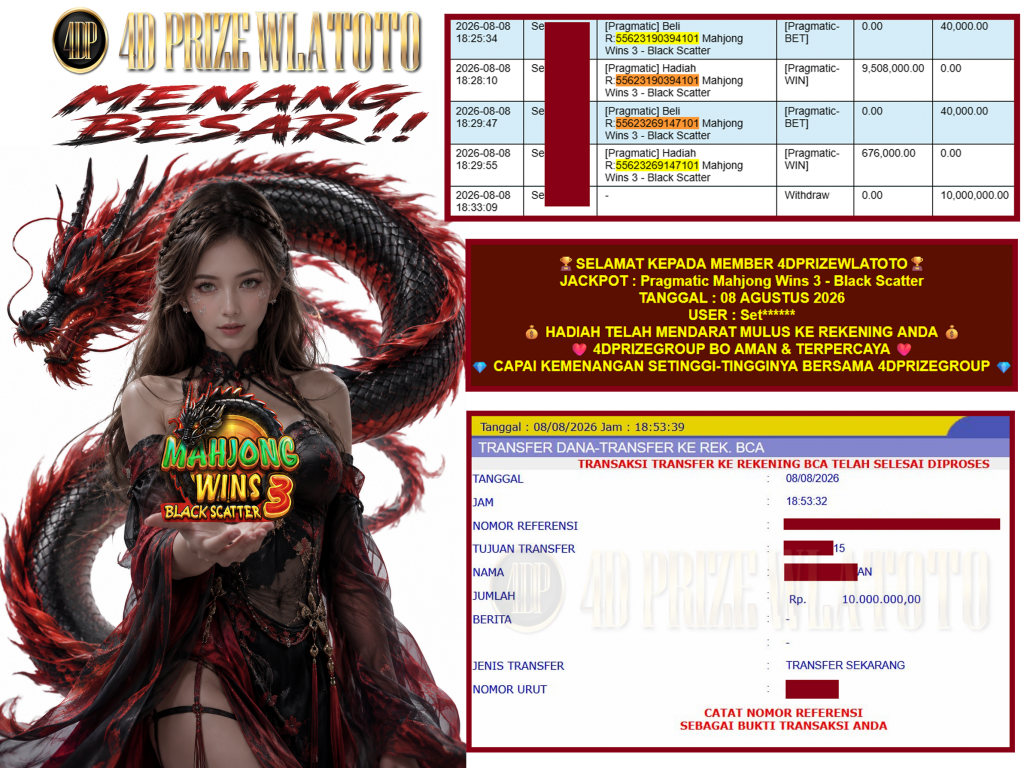 4DPRIZEWLATOTO JACKPOT PRAGMATIC “Mahjong Wins 3 – Black Scatter” Rp.10.000.000,-LUNAS