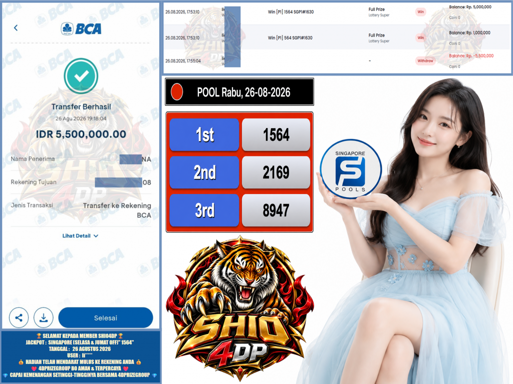 SHIO4DP JACKPOT SINGAPORE (SELASA & JUMAT OFF)” 1564″ Rp.5.500.000 ,- LUNAS