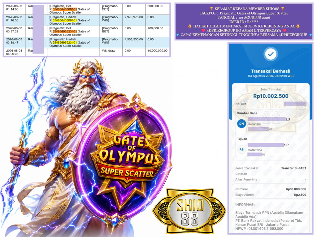 SHIO88 JACKPOT PRAGMATIC ” Gates of Olympus Super Scatter ” Rp.10.000.000,-LUNAS