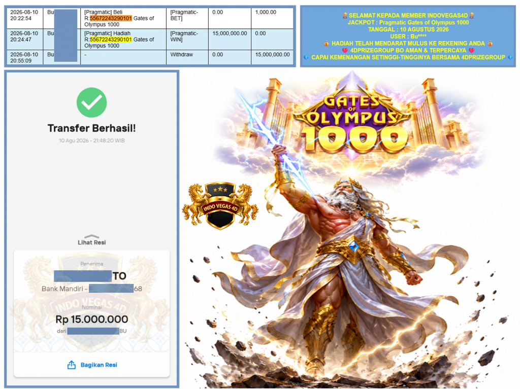 INDOVEGAS4D JACKPOT PRAGMATIC βGates of Olympus 1000β Rp.15.000.000,-LUNAS