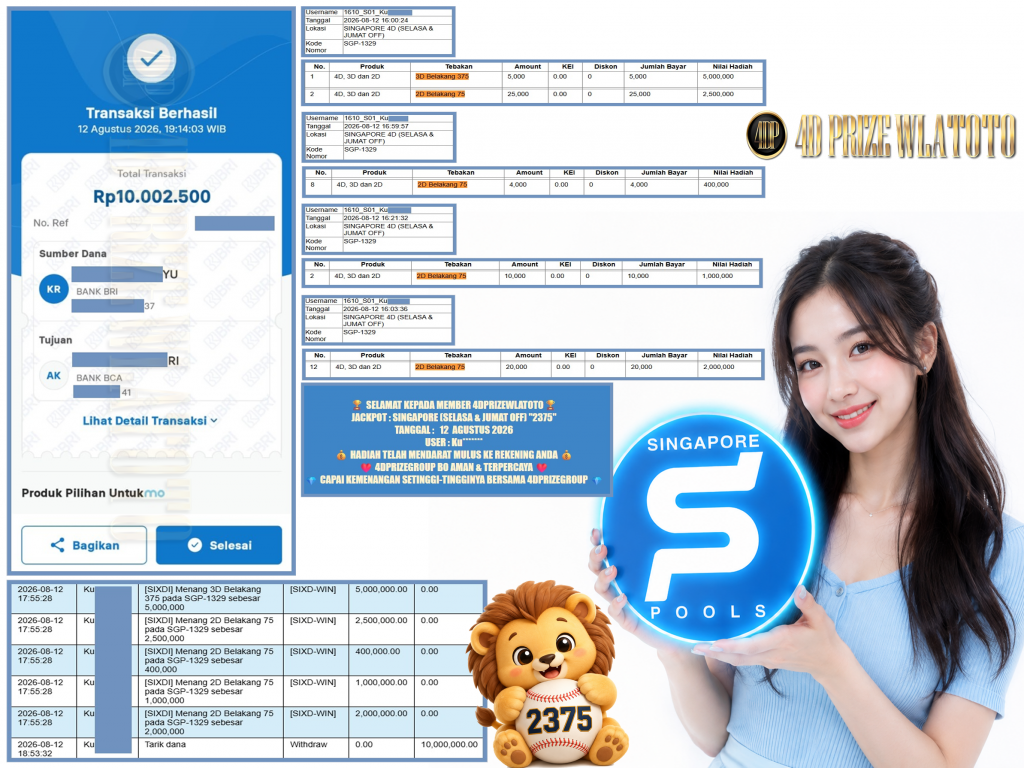 4DPRIZEWLATOTO JACKPOT SINGAPORE (SELASA & JUMAT OFF) “2375” Rp.10.000.000 ,- LUNAS