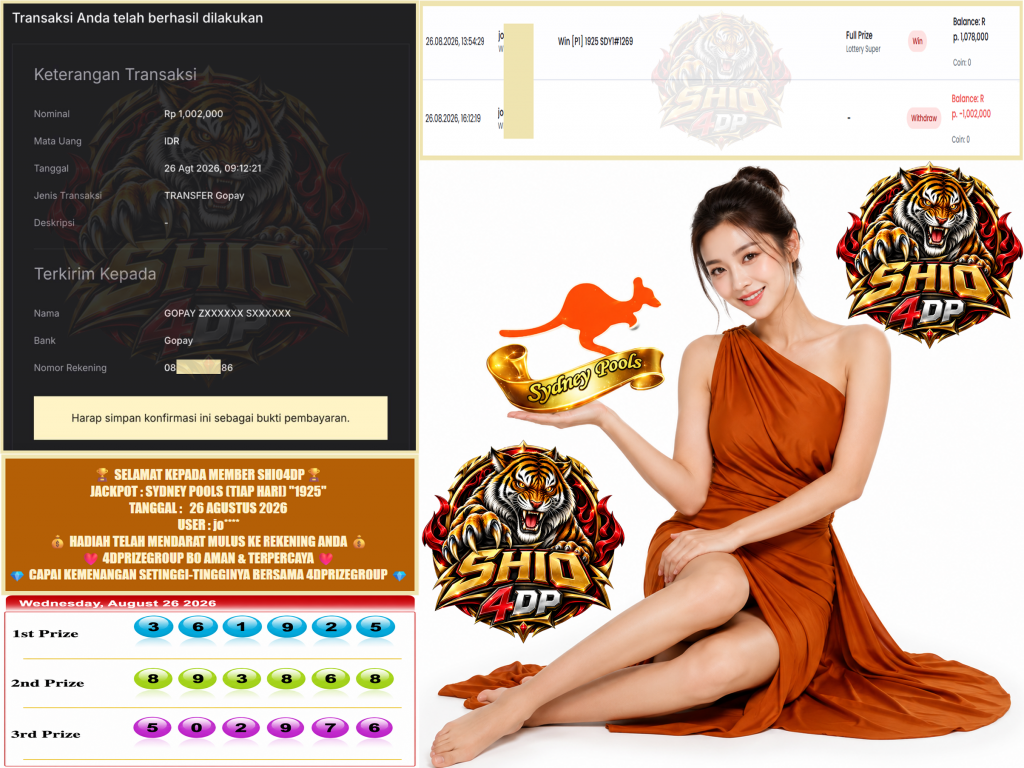 SHIO4DP JACKPOT SYDNEY POOLS (TIAP HARI) “1925” Rp.1.002.000 ,- LUNAS