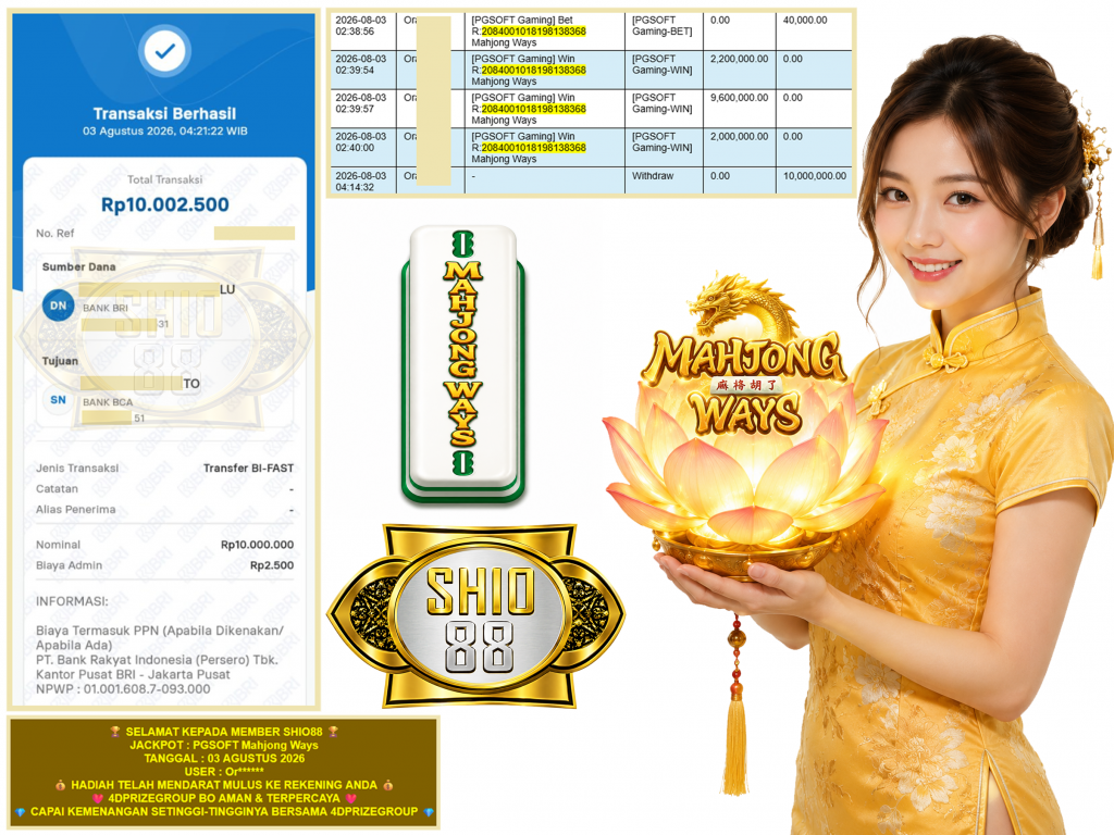 SHIO88 JACKPOT PGSOFT Gaming “Mahjong Ways” Rp.10.000.000,-LUNAS