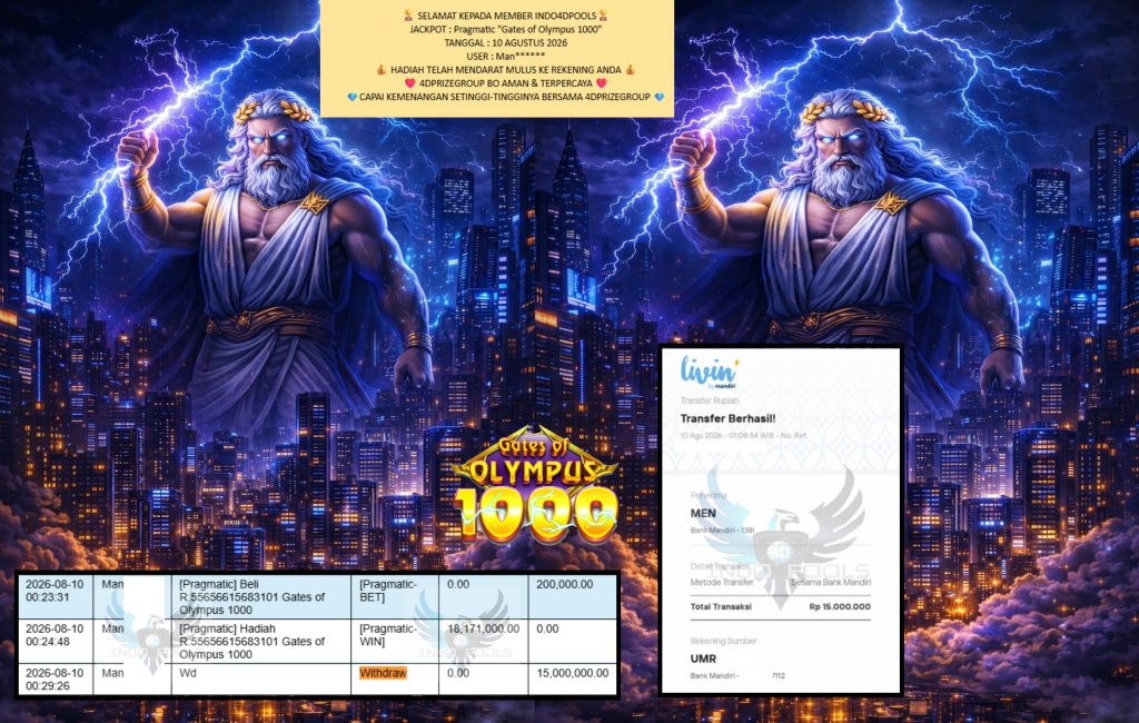 INDO4DPOOLS JACKPOT Pragmatic “Gates of Olympus 1000” Rp15.000.000,- LUNAS