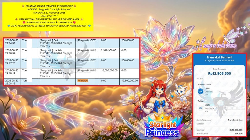 INDO4DPOOLS JACKPOT PRAGMATIC “Starlight Princess” Rp12.800.000,- LUNAS