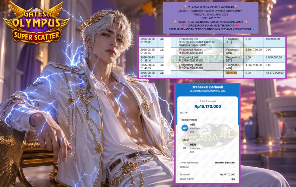 AKSARA4D JACKPOT PRAGMATIC “Gates of Olympus Super Scatter”‎‏‏‎‎ Rp15.170.000,- LUNAS