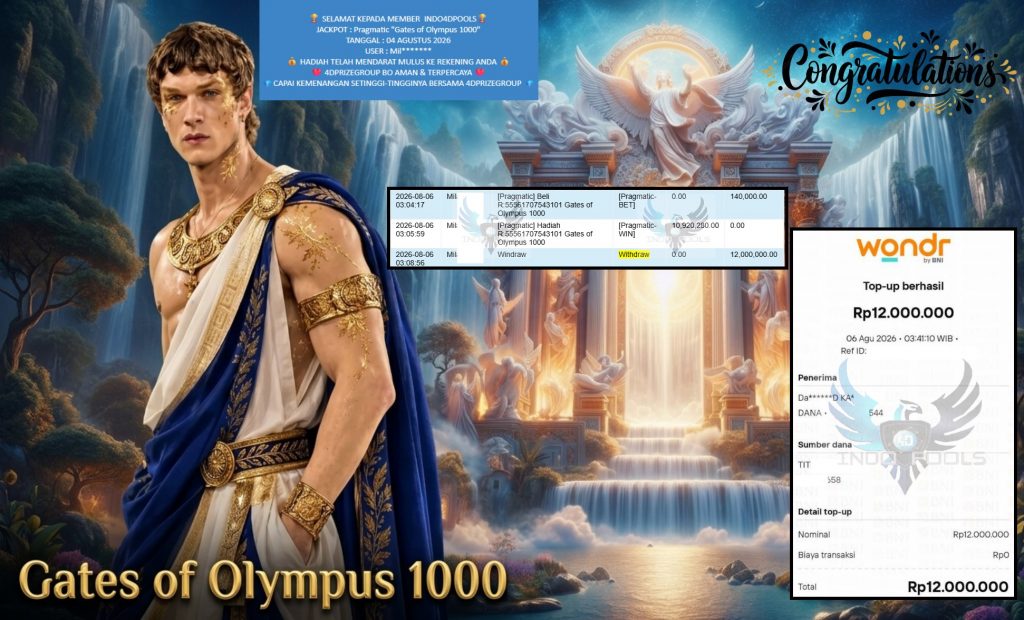INDO4DPOOLS JACKPOT PRAGMATIC “Gates of Olympus 1000″ Rp12.000.000,- LUNAS