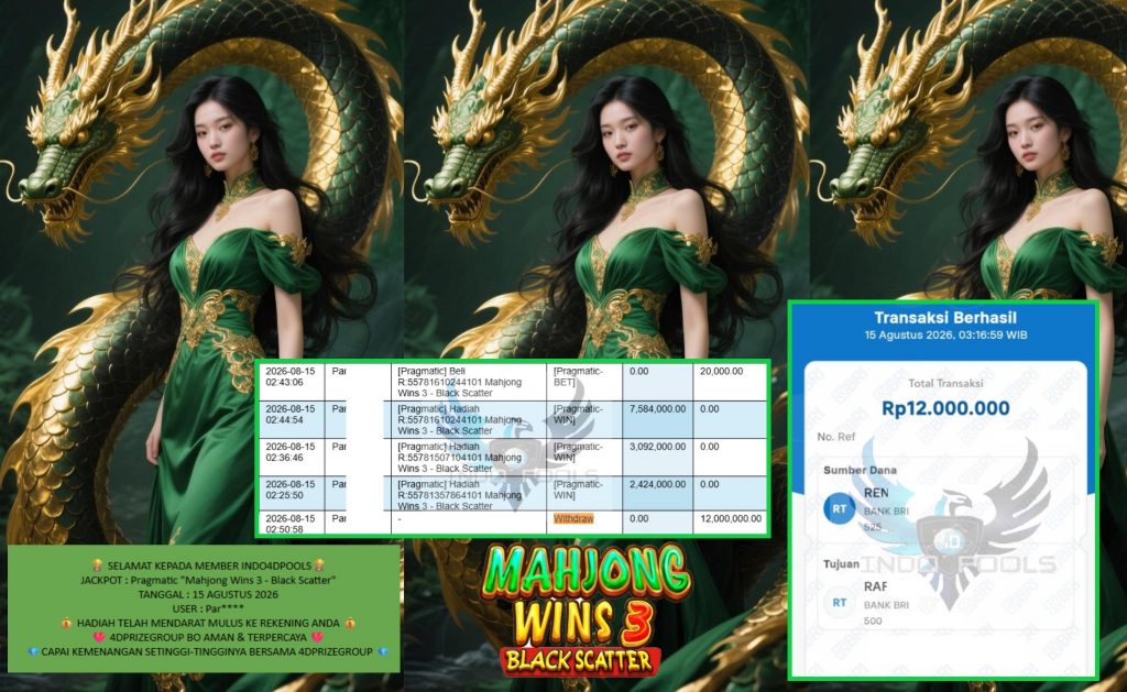 INDO4DPOOLS JACKPOT Pragmatic “Mahjong Wins 3 – Black Scatter” Rp12.000.000,- LUNAS