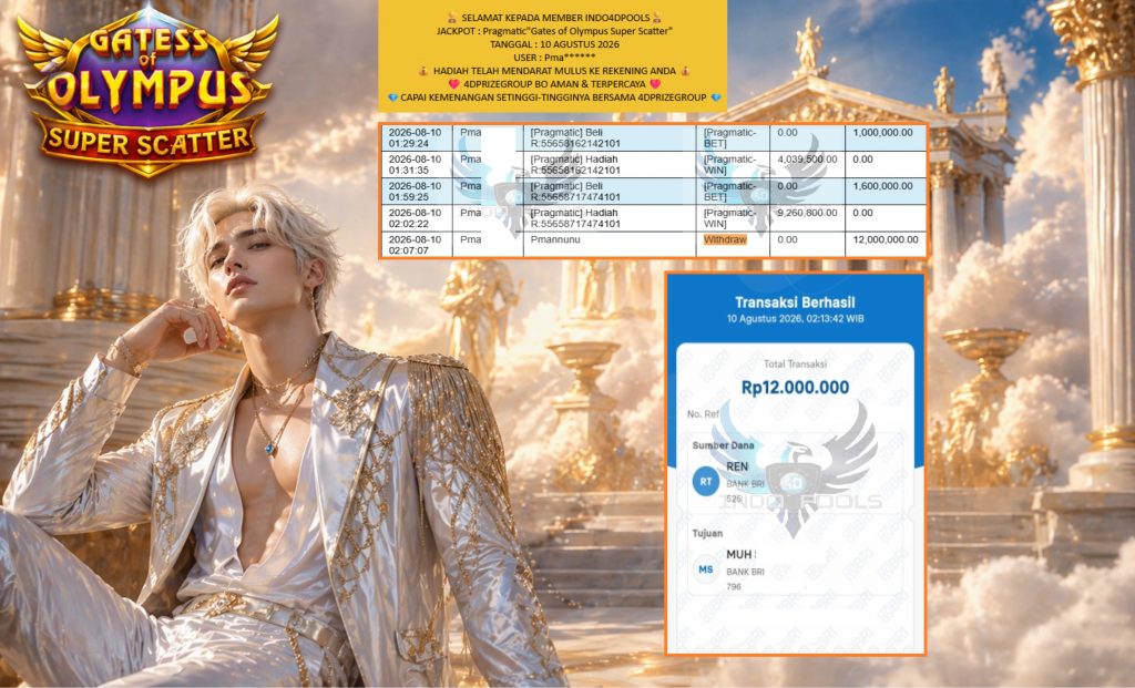 INDO4DPOOLS JACKPOT Pragmatic”Gates of Olympus Super Scatter” Rp12.000.000,- LUNAS