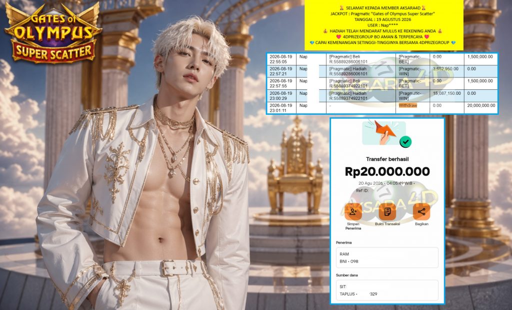 AKSARA4D JACKPOT PRAGMATIC “Gates of Olympus Super Scatter”‎‏‏‎‎ Rp20.000.000,- LUNAS