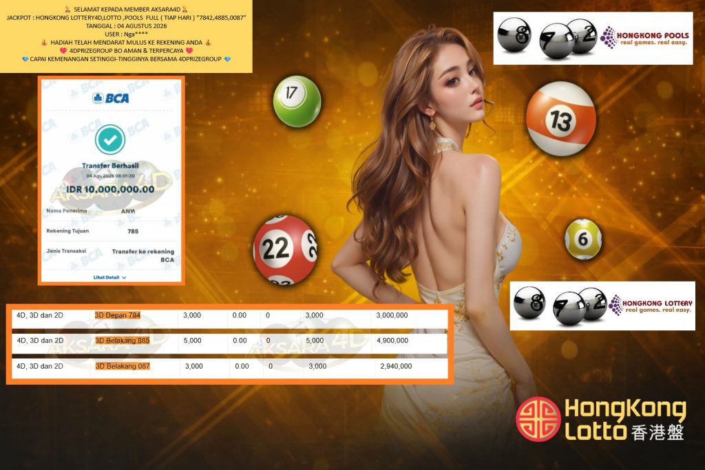 AKSARA4D JACKPOT PASARAN HONGKONG LOTTERY4D,LOTTO ,POOLS FULL ( TIAP HARI ) “7842,4885,0087” Rp10.000.000,- LUNAS