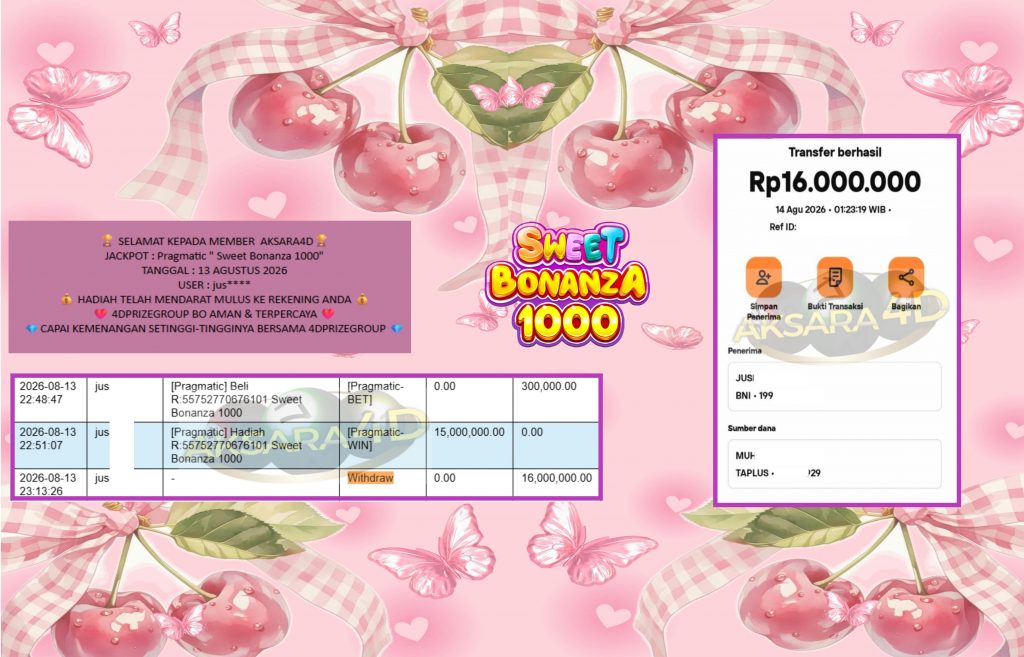 AKSARA4D JACKPOT Pragmatic “Sweet Bonanza 1000” Rp16.000.000,- LUNAS