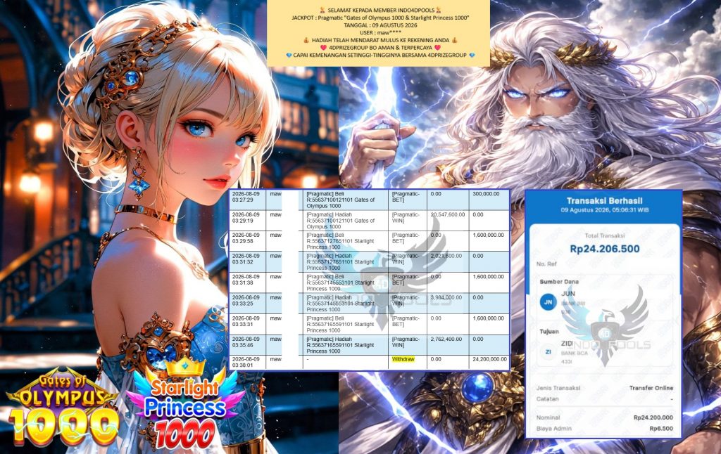 INDO4DPOOLS JACKPOT Pragmatic “Gates of Olympus 1000 & Starlight Princess 1000” Rp24.200.000,- LUNAS