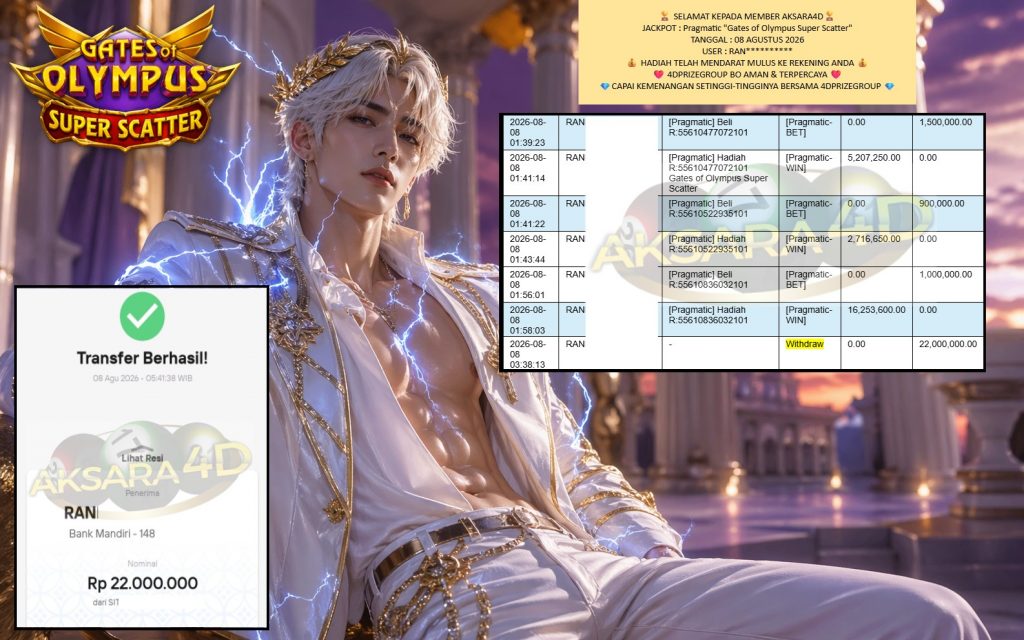 AKSARA4D JACKPOT Pragmatic “Gates of Olympus Super Scatter” Rp22.000.000,- LUNAS