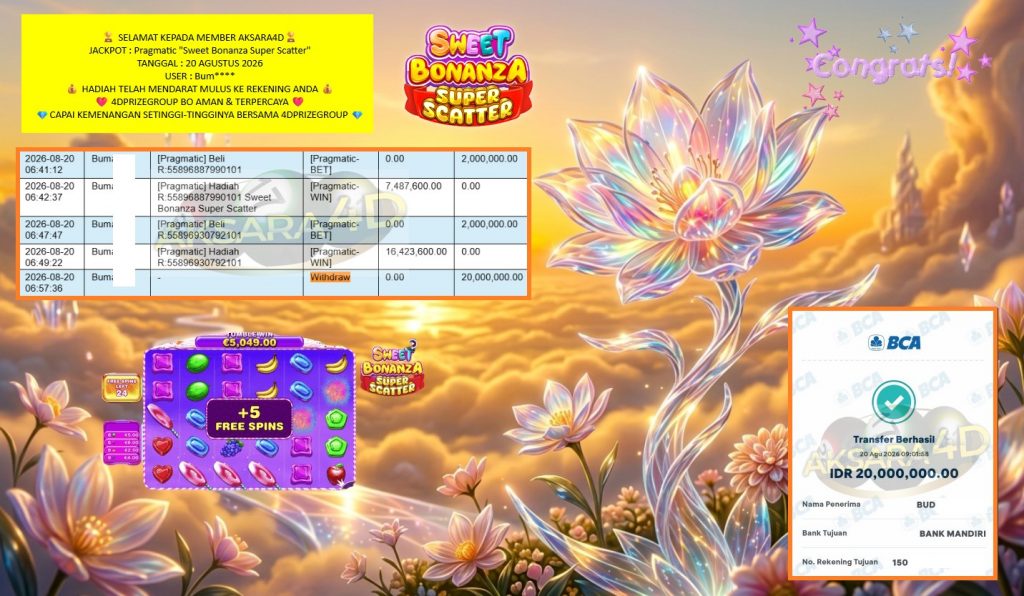 AKSARA4D JACKPOT PRAGMATIC “Sweet Bonanza Super Scatter” Rp20.000.000,- LUNAS